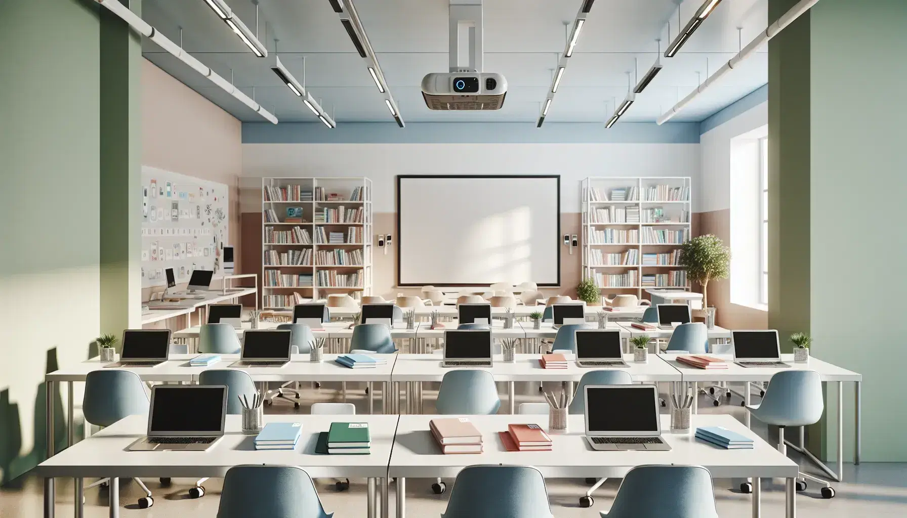 Aula escolar moderna y luminosa con mesas en forma de 'U', sillas ergonómicas azules, laptops, cuadernos de colores y pizarra blanca grande, sin personas.