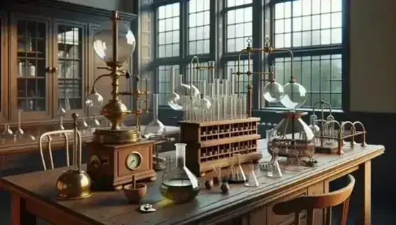 19th century laboratory with brass scales, laboratory glassware, Bunsen burner and porcelain mortar on wooden bench under bright window.
