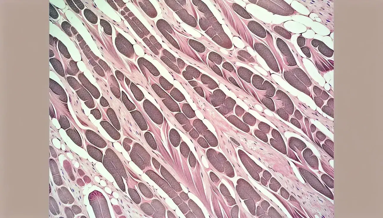 Vista microscópica de tejido muscular esquelético teñido mostrando fibras musculares con bandas transversales de sarcomeros.