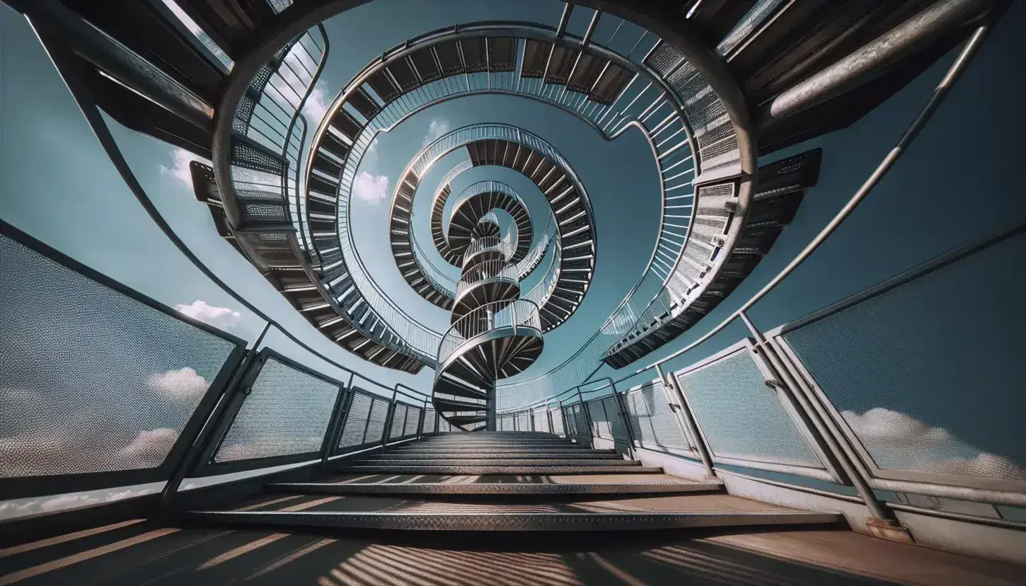 Escalera de caracol metálica al aire libre con barandillas, ascendiendo hacia un cielo azul claro con nubes dispersas, y sombras geométricas proyectadas por el sol.