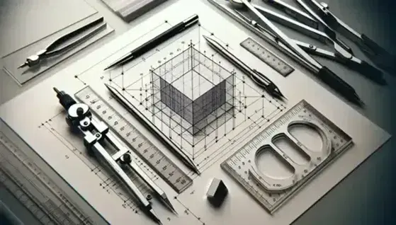Set di strumenti per disegno tecnico con righello, compasso e squadre trasparenti su tavolo chiaro, foglio con proiezioni ortogonali di un cubo.