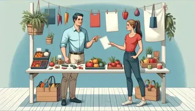 Mercato all'aperto con uomo che mostra prodotti a donna interessata, tavolo con frutta, libri e artigianato, persone sfocate sullo sfondo.