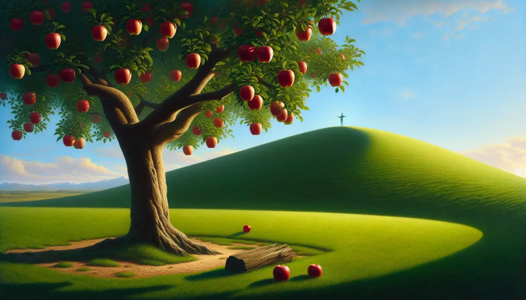 Lush apple tree with ripe red fruit and a falling apple, person with outstretched arms on a hill, under a clear blue sky in a tranquil landscape.
