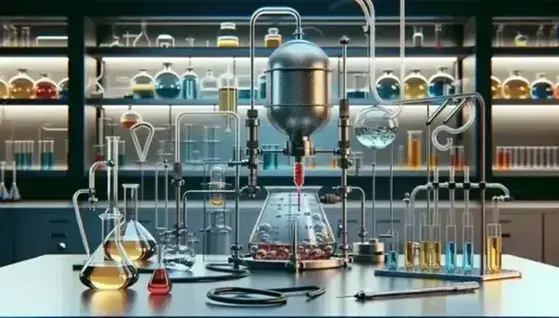 Laboratorio científico de termoquímica con termómetro de vidrio, cilindro metálico, tubos flexibles y frascos de líquidos coloreados.