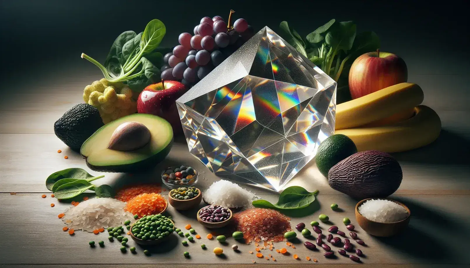 Variedad de frutas y verduras frescas con cristal geométrico en el centro, rodeado de granos y legumbres sobre superficie de madera iluminada naturalmente.