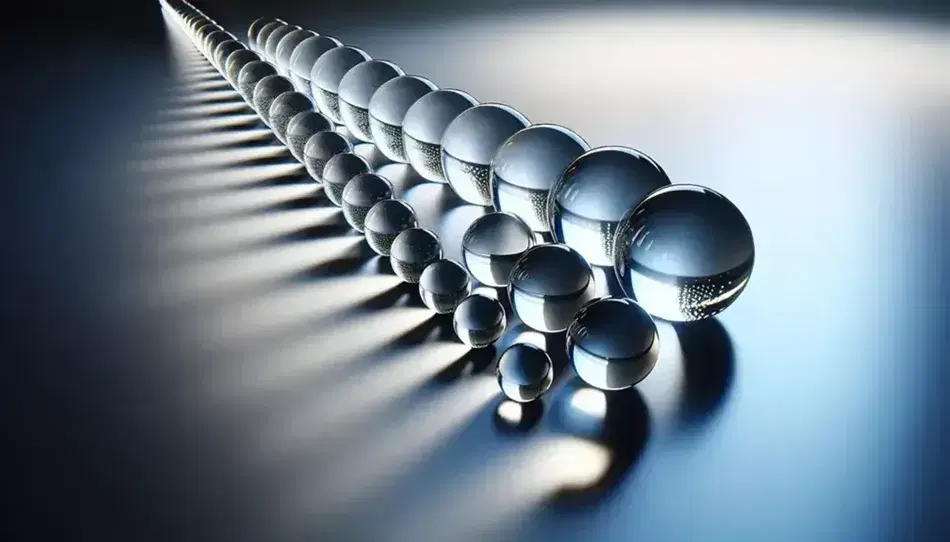Sfere di vetro trasparenti su superficie riflettente in scala crescente con giochi di luce e ombre in tonalità di bianco e grigio.