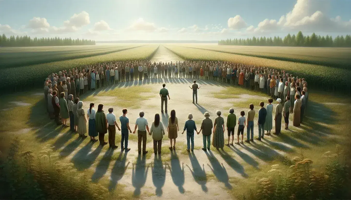 Grupo de personas en semicírculo en campo abierto escuchando a un orador, con cielo azul y nubes dispersas en un ambiente natural.