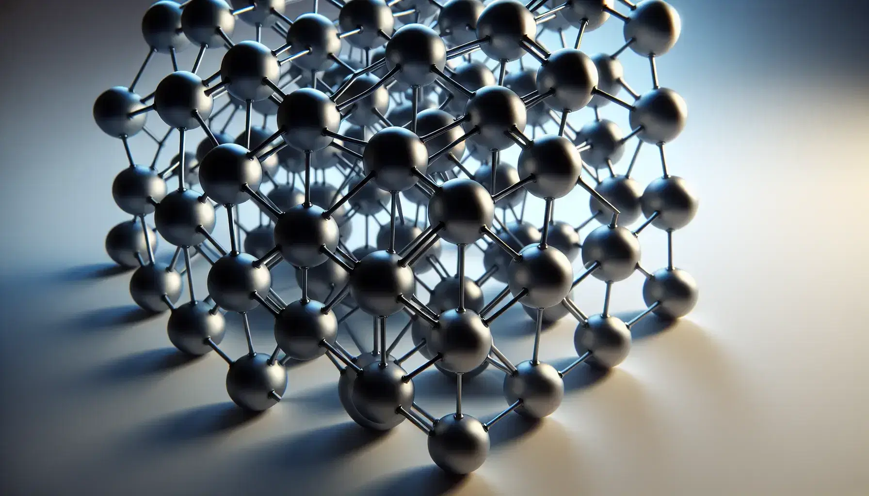 Three-dimensional crystal lattice structure with metallic spheres connected by matte black rods, forming a network of tetrahedra and octahedra against a gradient background.