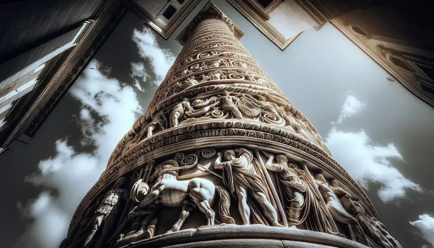 Colonna Traiana in marmo bianco con bassorilievi a spirale che raffigurano scene di battaglie, sotto un cielo azzurro.