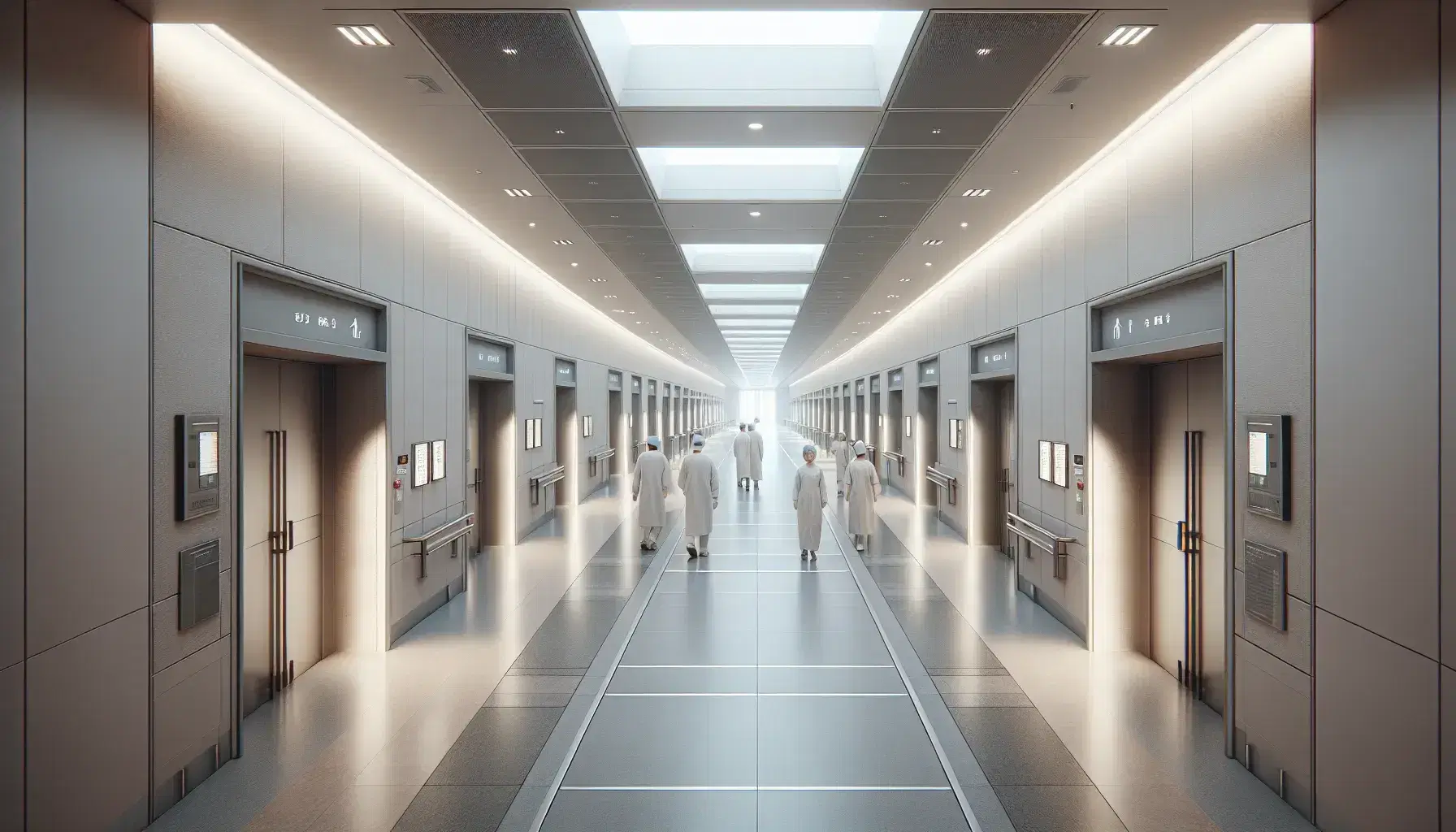 Pasillo interior moderno de un centro de salud con paredes y suelo claros, personas vestidas de blanco y señalización colgante, iluminado por paneles de luz en el techo.