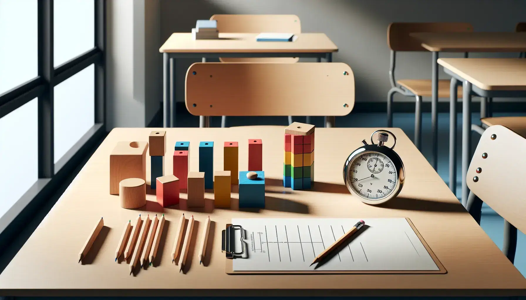 Mesa de madera clara con herramientas de evaluación psicológica educativa, bloques geométricos de colores, hoja en blanco, lápiz, cronómetro y tarjetas apiladas en un aula iluminada naturalmente.