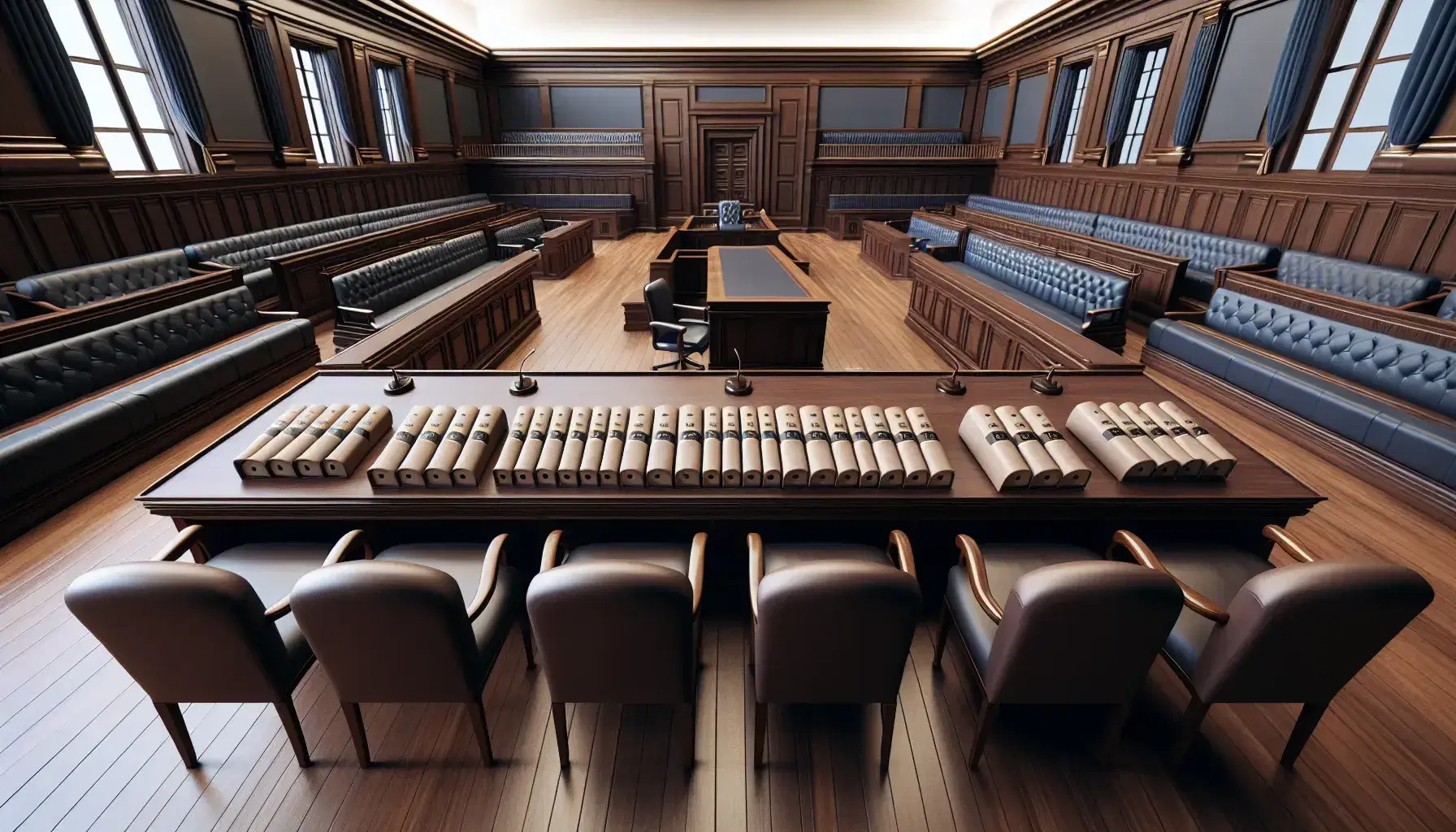Aula di tribunale vuota con panca in legno scuro, sedie impilate a sinistra, posti pubblico a destra e postazione giudice illuminata da finestra.