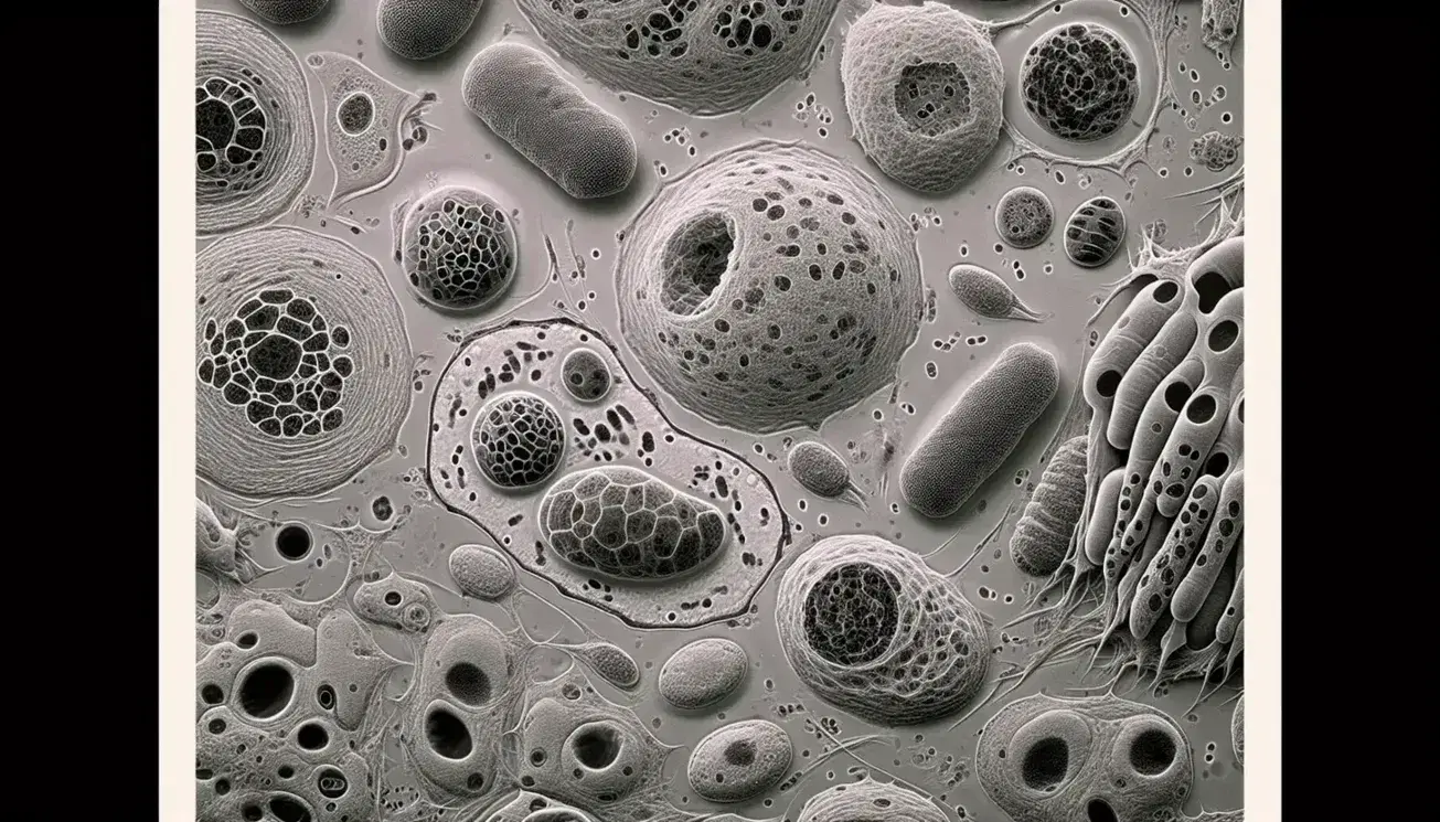 Cellule umane al microscopio elettronico con nuclei, mitocondri e reticolo endoplasmico visibili, in varie fasi di integrità.