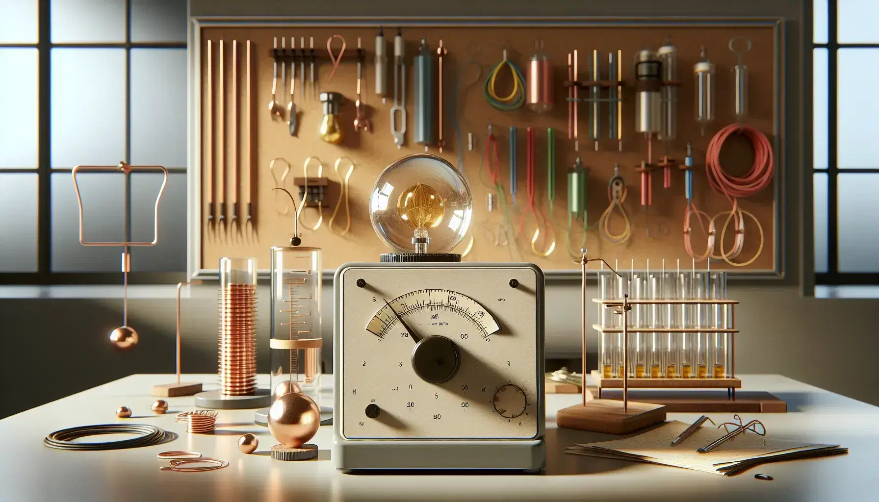 Laboratorio de física con experimentos eléctricos, mostrando un voltímetro analógico con esfera de vidrio, una pila de Volta y un electroscopio de hojas de oro.
