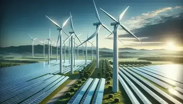 Landscape with white wind turbines in a row and reflective solar panels under a blue sky, green hill and tree in the distance.