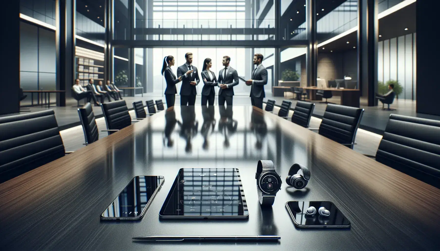 Modern office setting with high-tech devices on a wooden table, professionals engaged in discussion, and a cityscape visible through large windows.