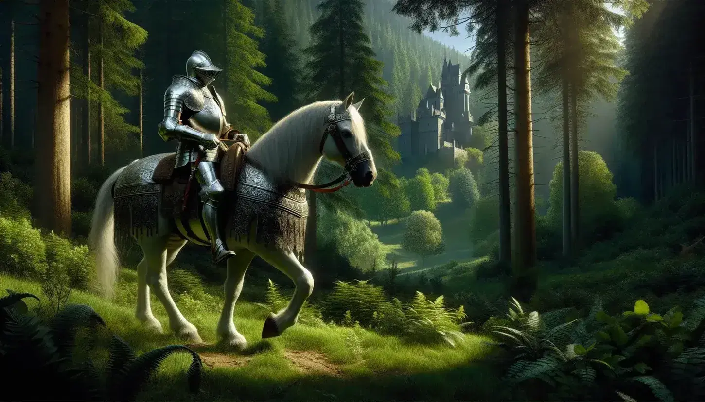 Knight in full armor on a white horse stands in a forest clearing, with a castle in the distance and a motionless dragon at his feet.