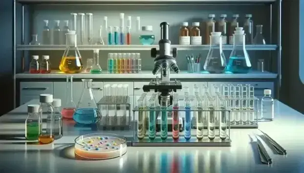 Laboratorio científico con tubos de ensayo de colores en soporte metálico, microscopio y placa de Petri con bacterias, sobre mesa blanca y estantería con frascos al fondo.