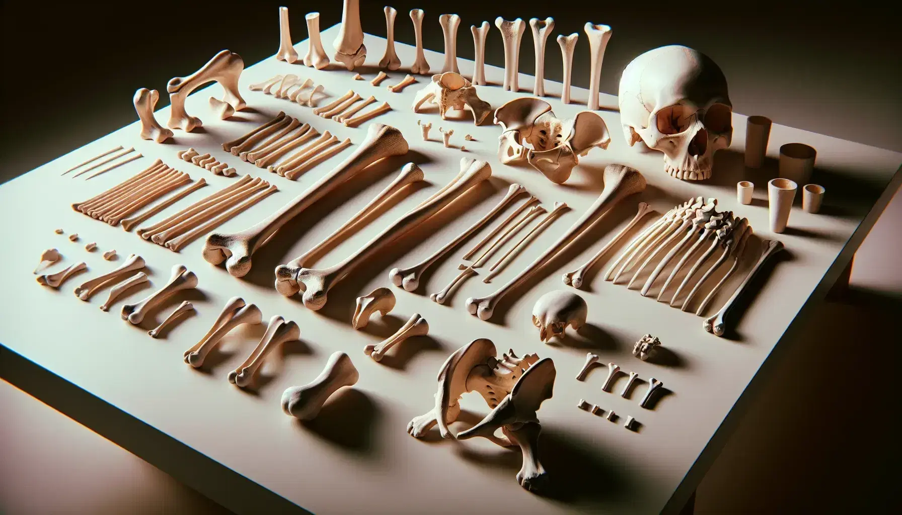 Collezione di ossa umane con femore, ossa carpali, scapola e vertebra su tavolo chiaro, senza testo o simboli.