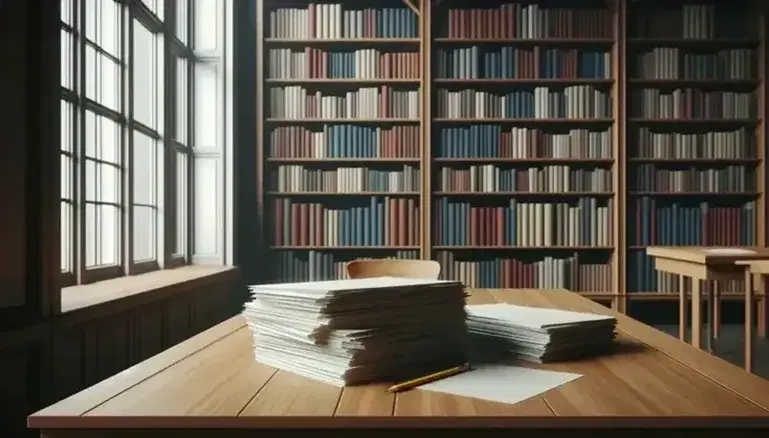 Mesa de madera con papeles desordenados y lápiz en biblioteca iluminada, estantería llena de libros de colores y planta verde al lado.