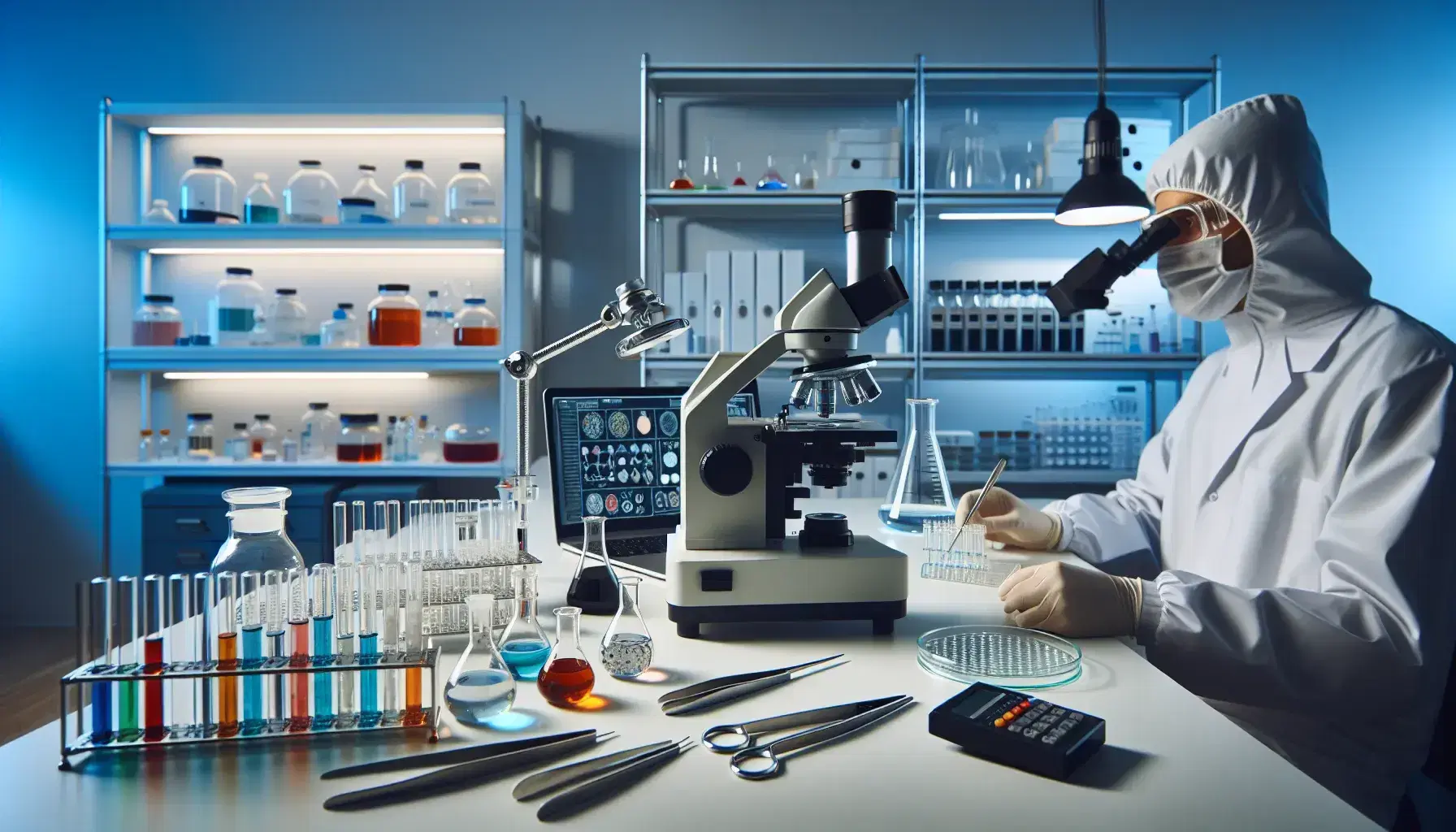 Laboratorio forense con microscopio, tubos de ensayo con líquidos de colores, balanza analítica y técnico revisando datos en un portátil.