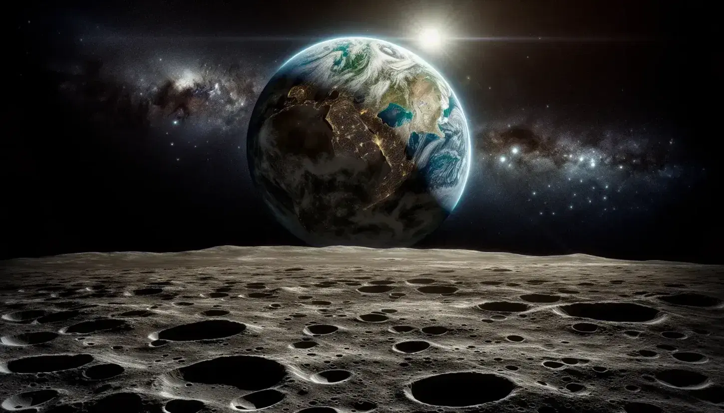 Vista dalla superficie lunare con terreno craterizzato in primo piano e Terra colorata sospesa nello spazio sullo sfondo.