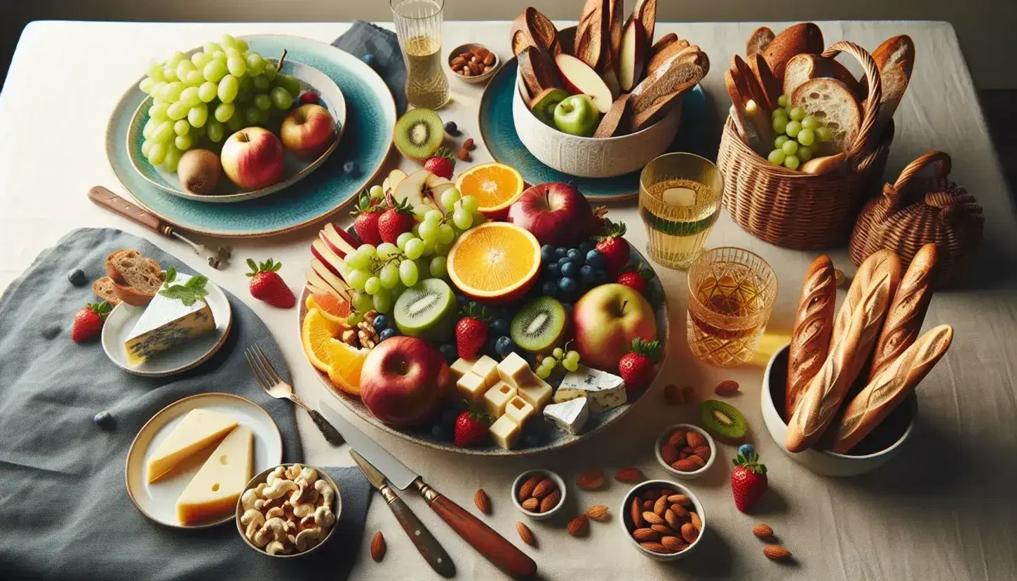Tavola elegante con frutta fresca, formaggi assortiti, pane vario, verdure crude e frutta secca, in un'atmosfera invitante e colorata.