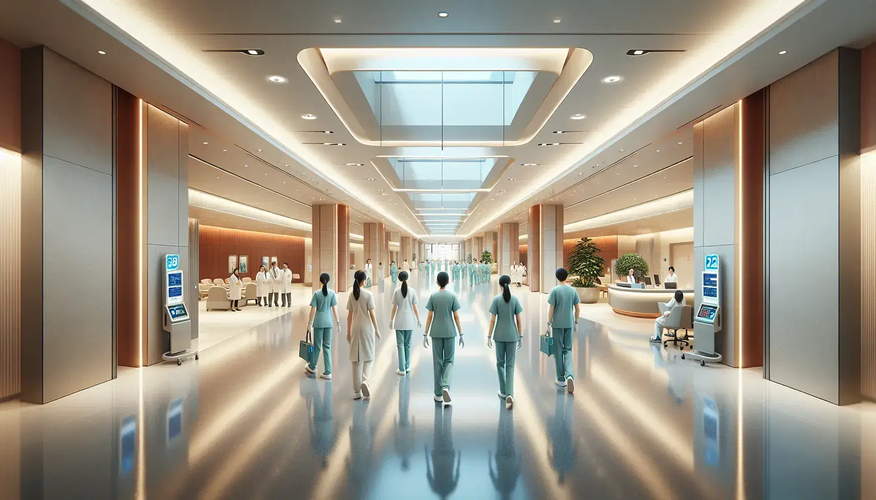 Centro médico moderno con profesionales de la salud caminando por un pasillo iluminado, puertas de vidrio, equipo de alta tecnología y recepción al fondo.