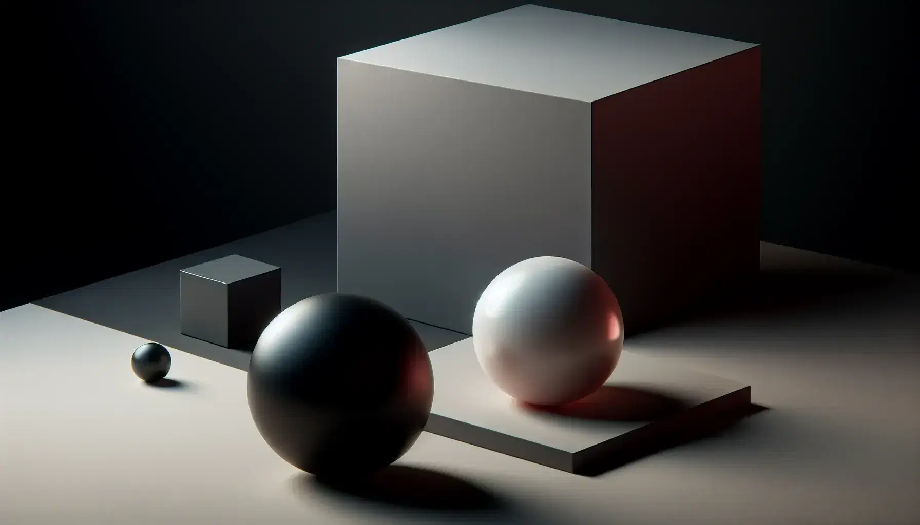 Close-up of geometric shapes: a matte black hemisphere, glossy white sphere, matte gray cone, and reflective red cube on a light gray surface.