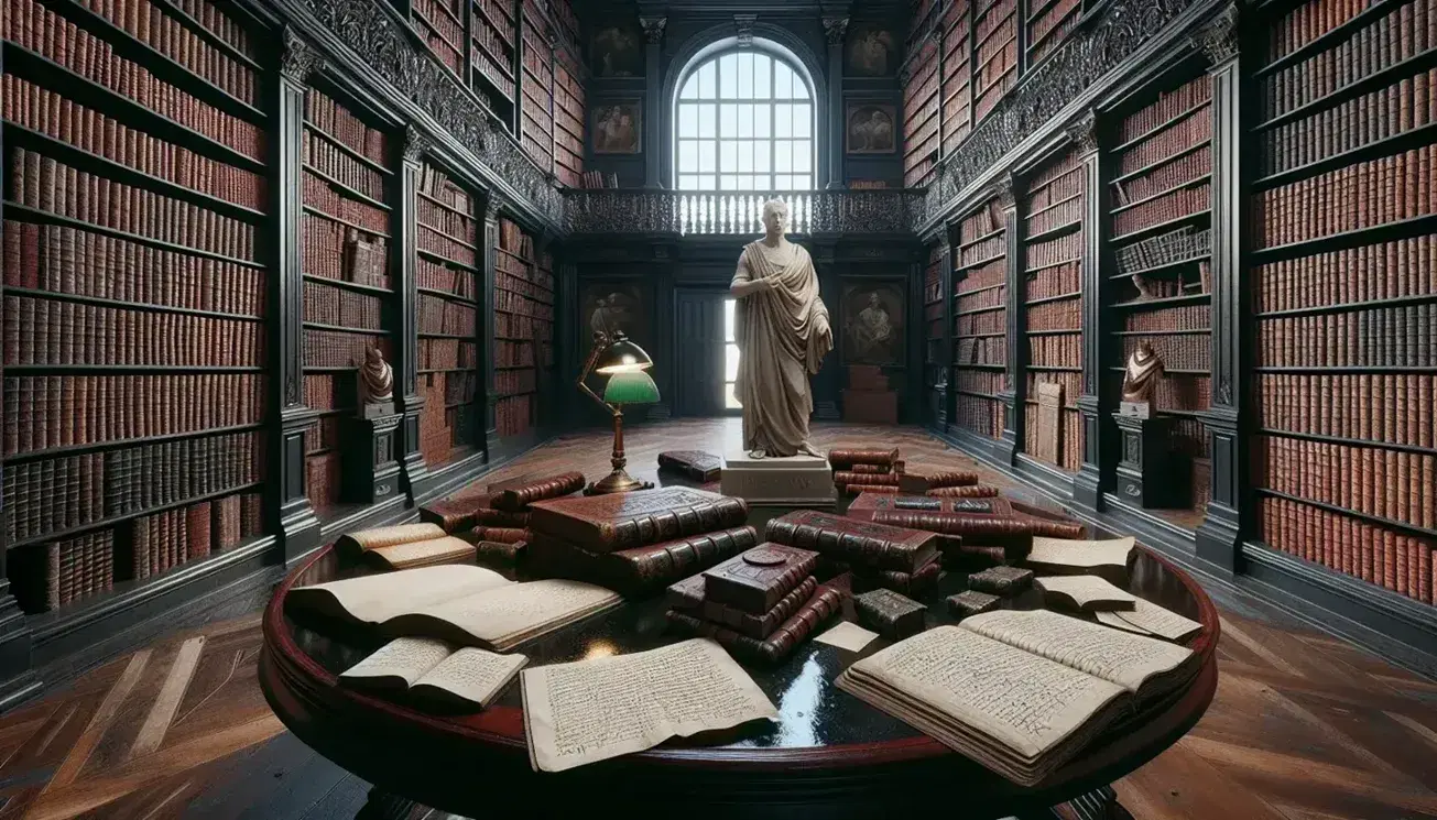 Biblioteca antica con scaffali in legno scuro pieni di libri rilegati, tavolo ovale con libri aperti, statua marmorea di uomo in toga e scala a chiocciola.