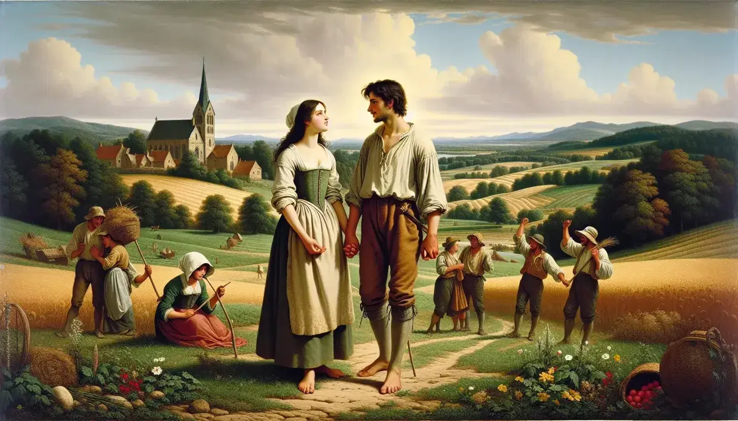 Scena rurale del XVII secolo con coppia giovane che si tiene per mano, sfondo di chiesa campestre, persone in disputa e paesaggio collinare.