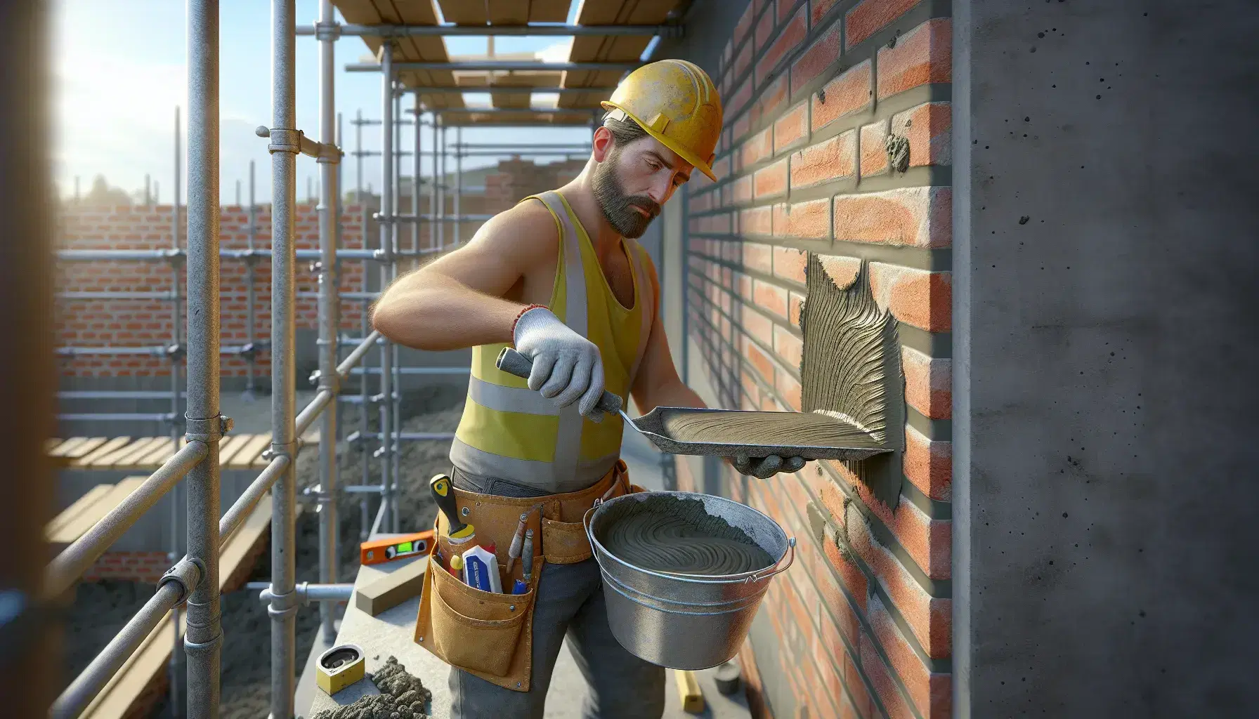 Muratore con casco giallo e giubbotto catarifrangente applica malta su muro di mattoni usando cazzuola su impalcatura metallica.