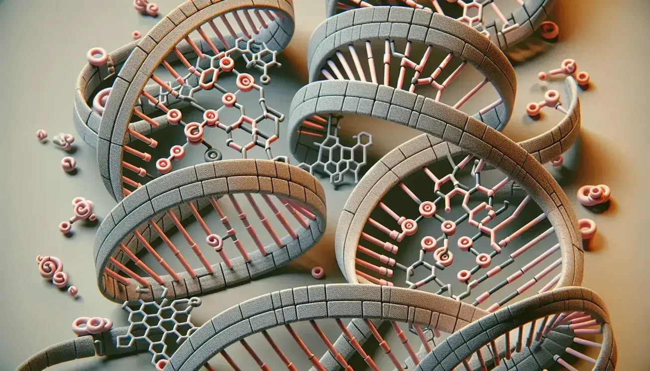 DNA double helix structure with outer sugars and phosphates and paired nitrogenous bases in the center, in shades of gray.