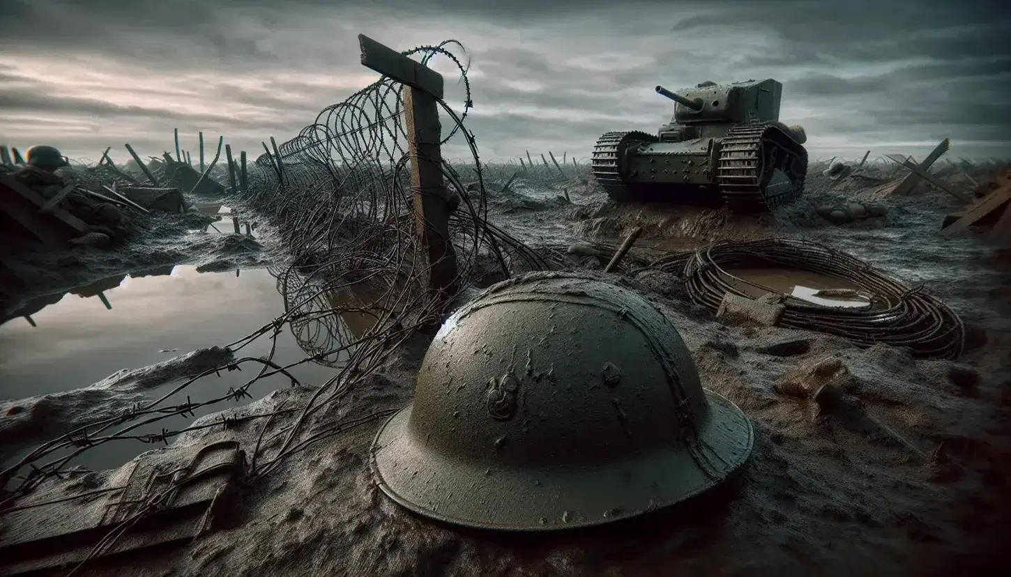 Campo de batalla de la Primera Guerra Mundial con casco militar, alambre de púas oxidado, cráteres con agua y tanque Mark IV inmóvil bajo un cielo nublado.