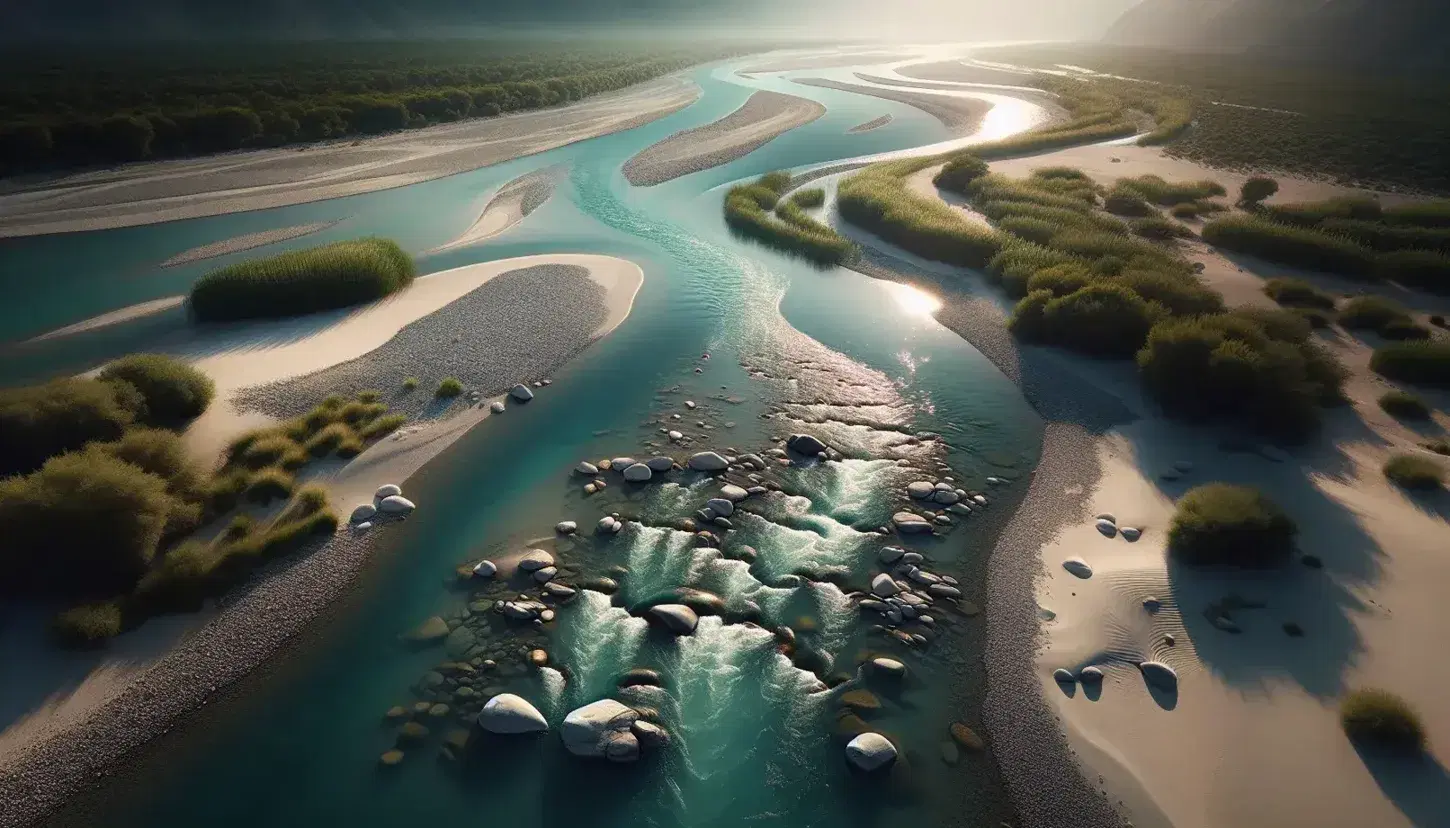 Río serpenteante con aguas color turquesa, rodeado de vegetación oscura y bancos de arena, bajo un reflejo brillante del sol.