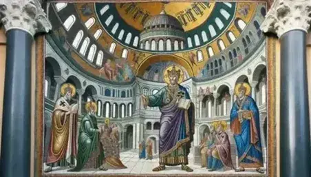 Byzantine mosaic with emperor in purple toga and bishop, church with dome and columns, made with colored tiles and golden border.
