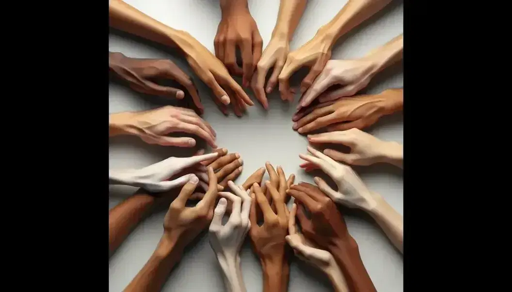 Mani di diverse etnie formano un cerchio con le dita che si sfiorano su sfondo neutro, simboleggiando unità e diversità.