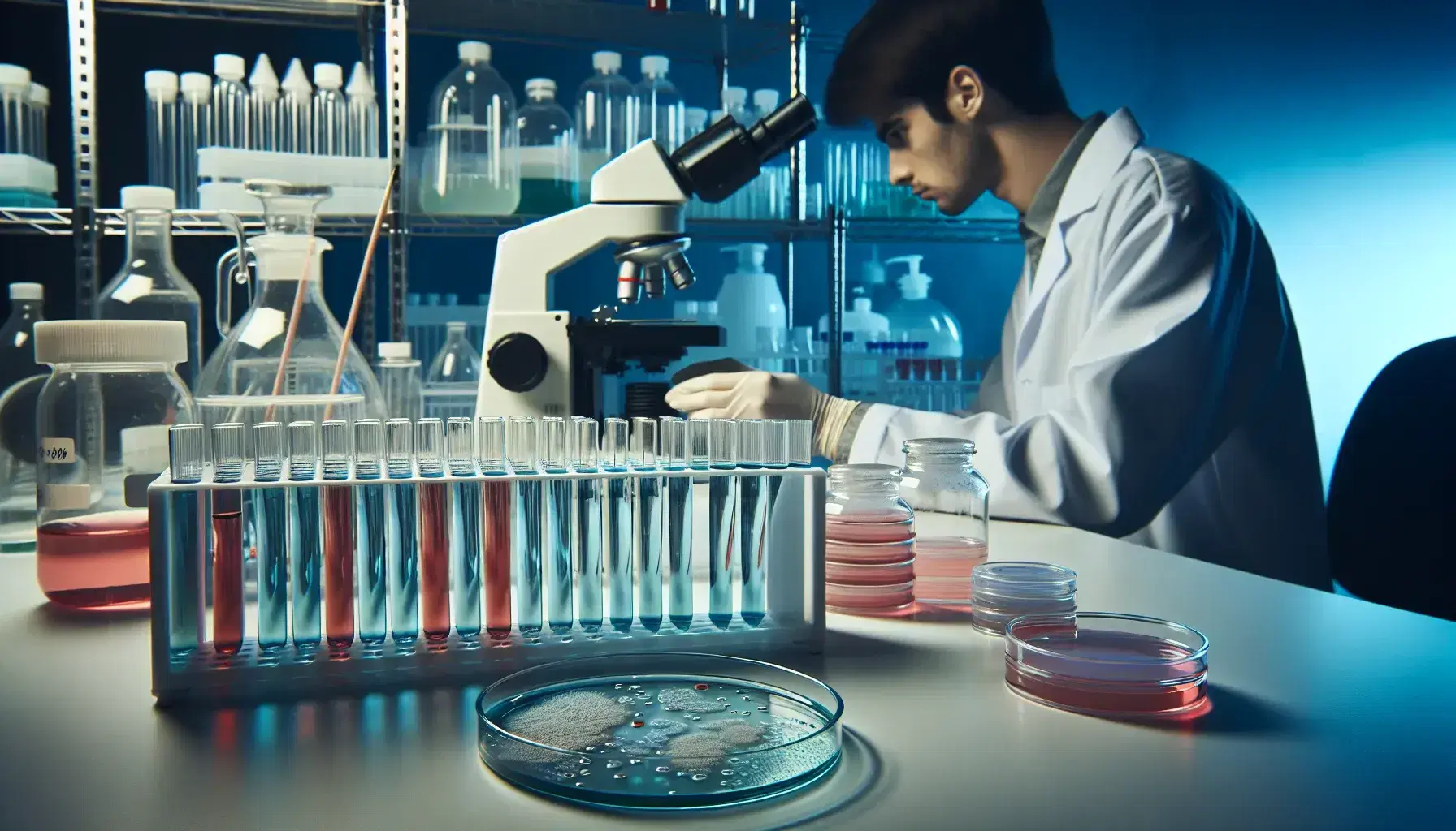 Laboratorio de biotecnología con tubos de ensayo coloridos en estante, plato de Petri con colonias bacterianas y científico utilizando microscopio.