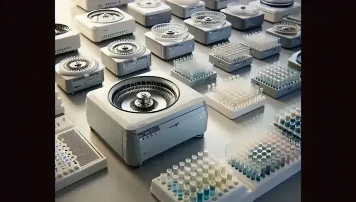 Centrífugas de laboratorio en superficie clara con tubos de ensayo en gradillas, destacando una con tapa azul metálico y base plateada junto a otra compacta blanca.