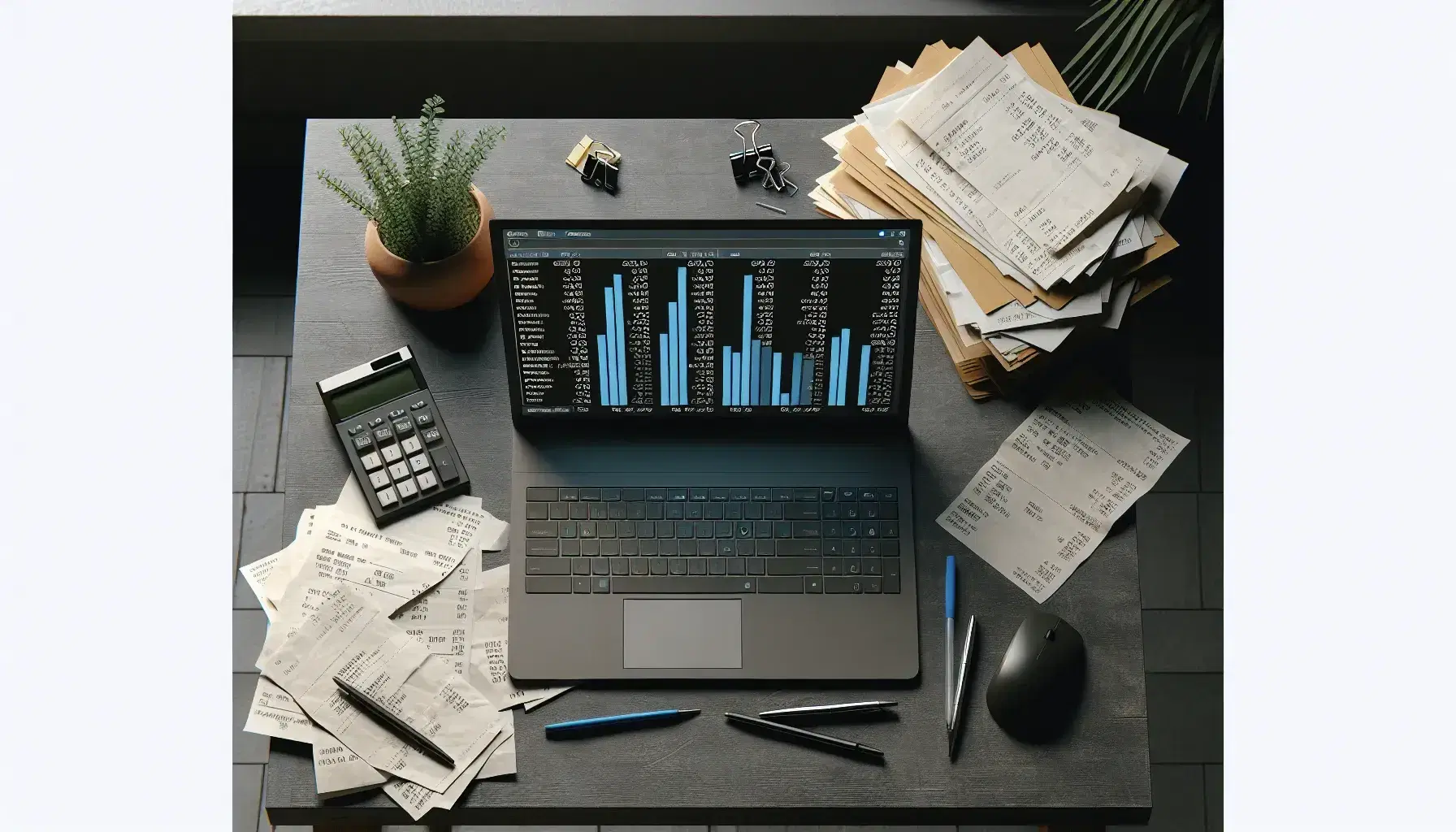 Escritorio de madera oscura con calculadora, recibos desordenados, bolígrafos, laptop mostrando gráficos de barras y planta verde, iluminado por ventana con cortinas blancas.