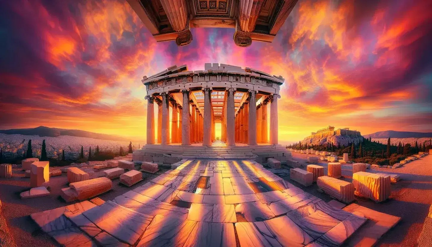 Vista panoramica dell'Acropoli di Atene al tramonto, con colonne del Propilei e Tempio di Athena Nike su sfondo cielo colorato.