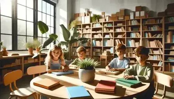 Niños de diversas etnias concentrados leyendo libros coloridos en una aula escolar iluminada con estantería de libros y pizarra al fondo.