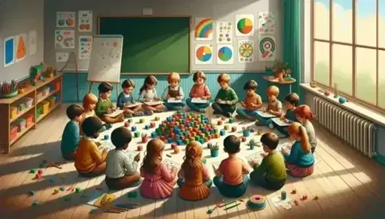 Niños de diversas edades y etnias sentados en semicírculo en un aula, participando en una actividad educativa con cubos de colores, papeles y lápices de colores bajo una luz natural.