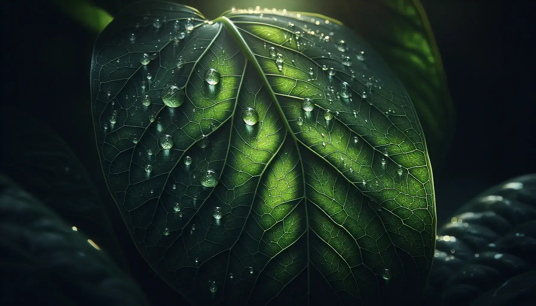 Hoja verde brillante con gotas de agua y textura veteada, iluminada suavemente con fondo desenfocado en tonos verdes.