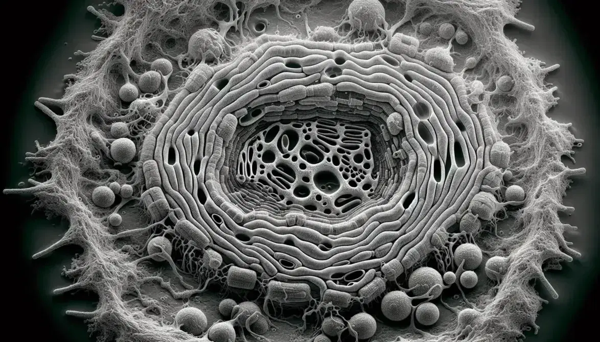 Micrografía electrónica de transmisión en escala de grises del retículo endoplasmático en una célula eucariota, mostrando una red de membranas y cisternas con vesículas de transporte cercanas.