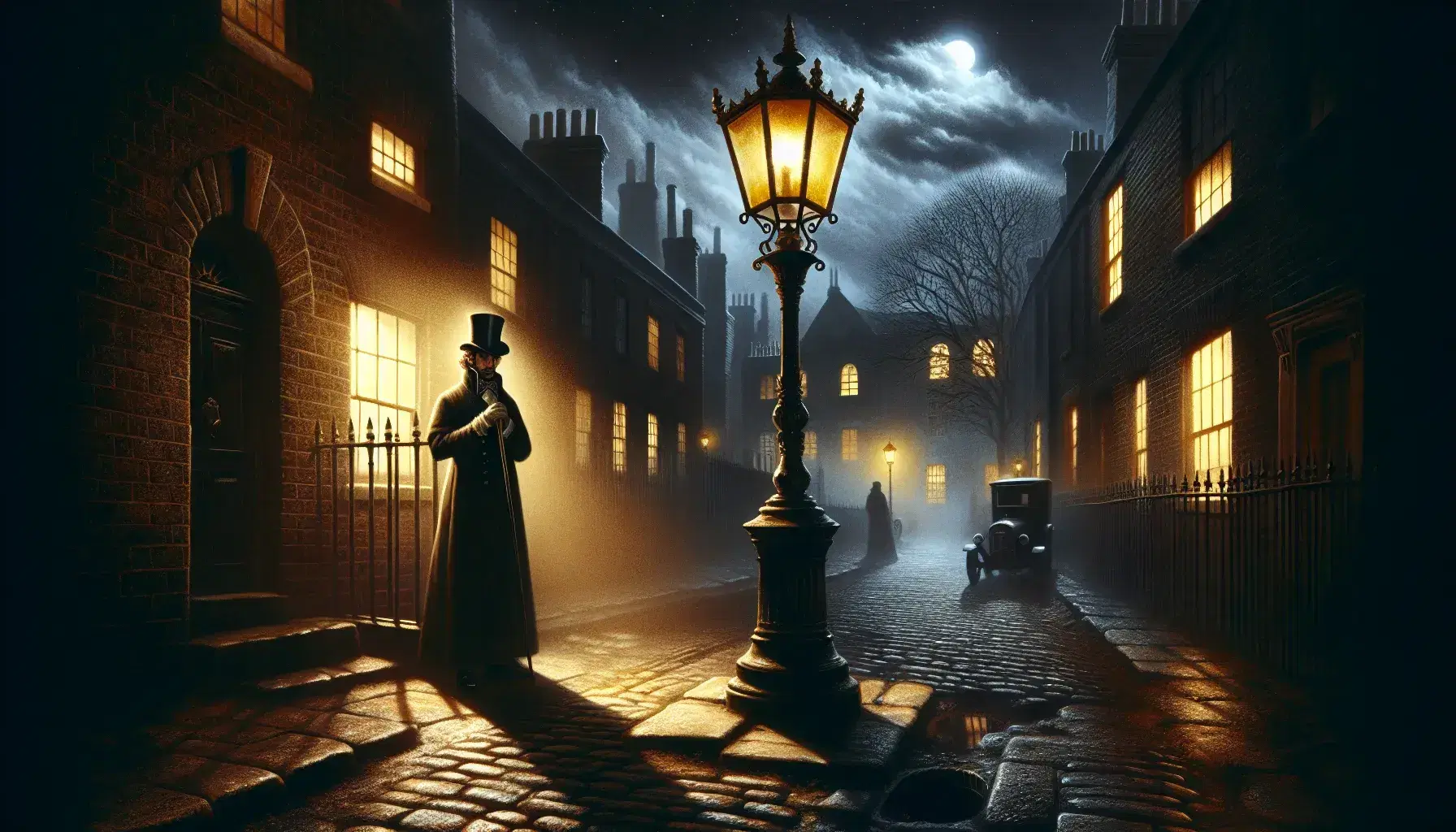 Escena nocturna victoriana con hombre elegante bajo farol de hierro, calles empedradas, edificios de ladrillo y árbol sin hojas, en tonos oscuros y amarillos.