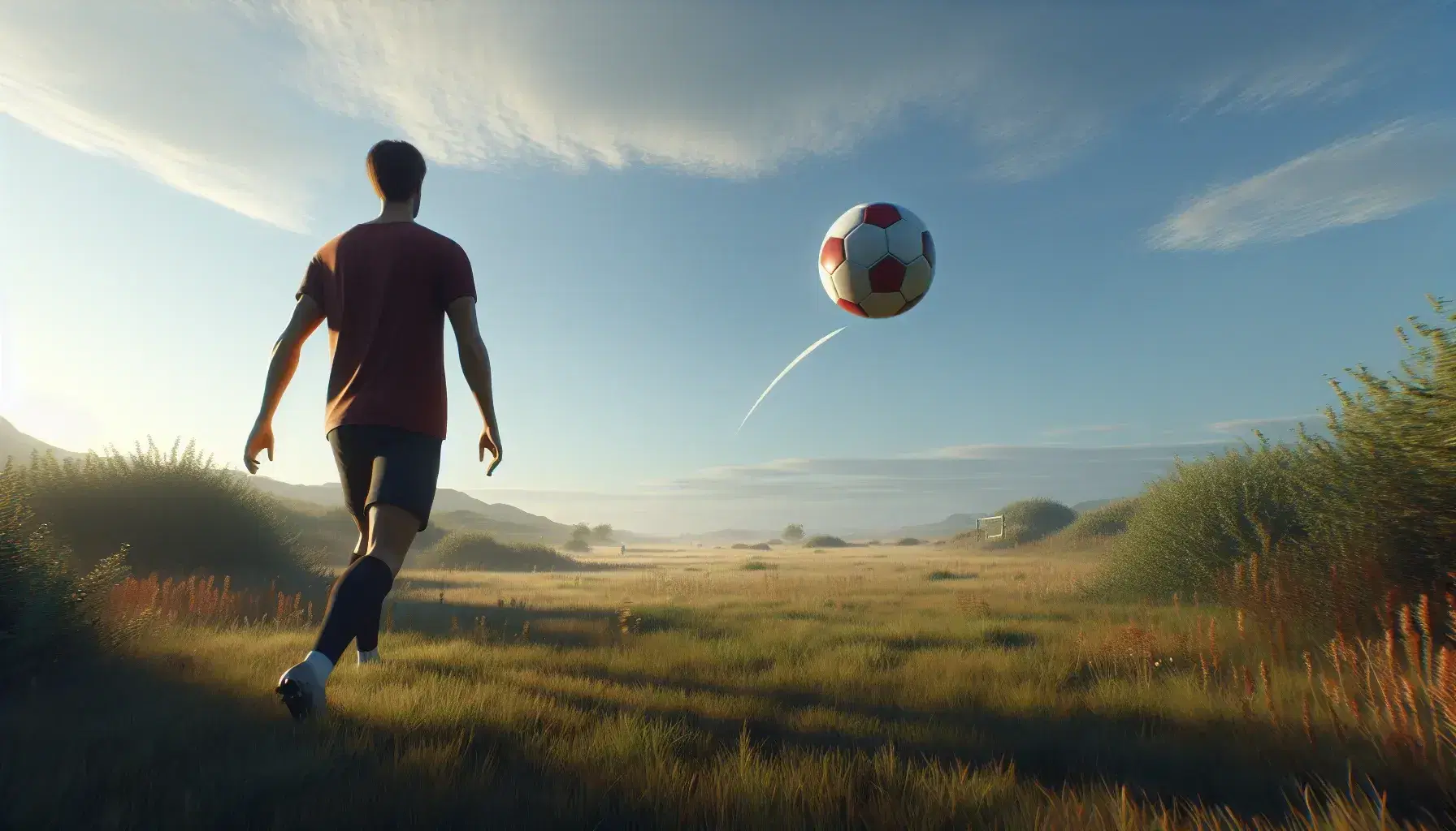 Soccer player in red shirt and black shorts kicking a ball mid-air in a grassy field under a clear blue sky.