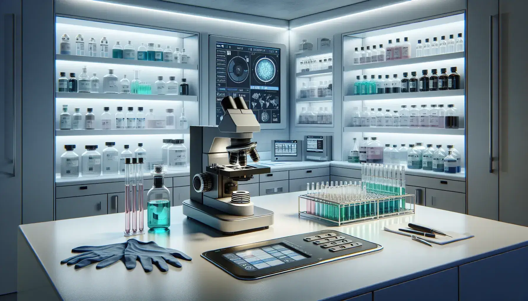 Laboratorio scientifico moderno con microscopio elettronico, provette con liquidi colorati e pannelli di controllo digitali, nessuna persona presente.