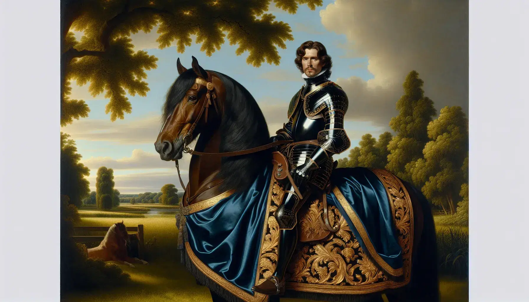 Uomo in abiti del XVII secolo su cavallo marrone, con armatura e mantello blu con rifiniture dorate, in un paesaggio rurale.
