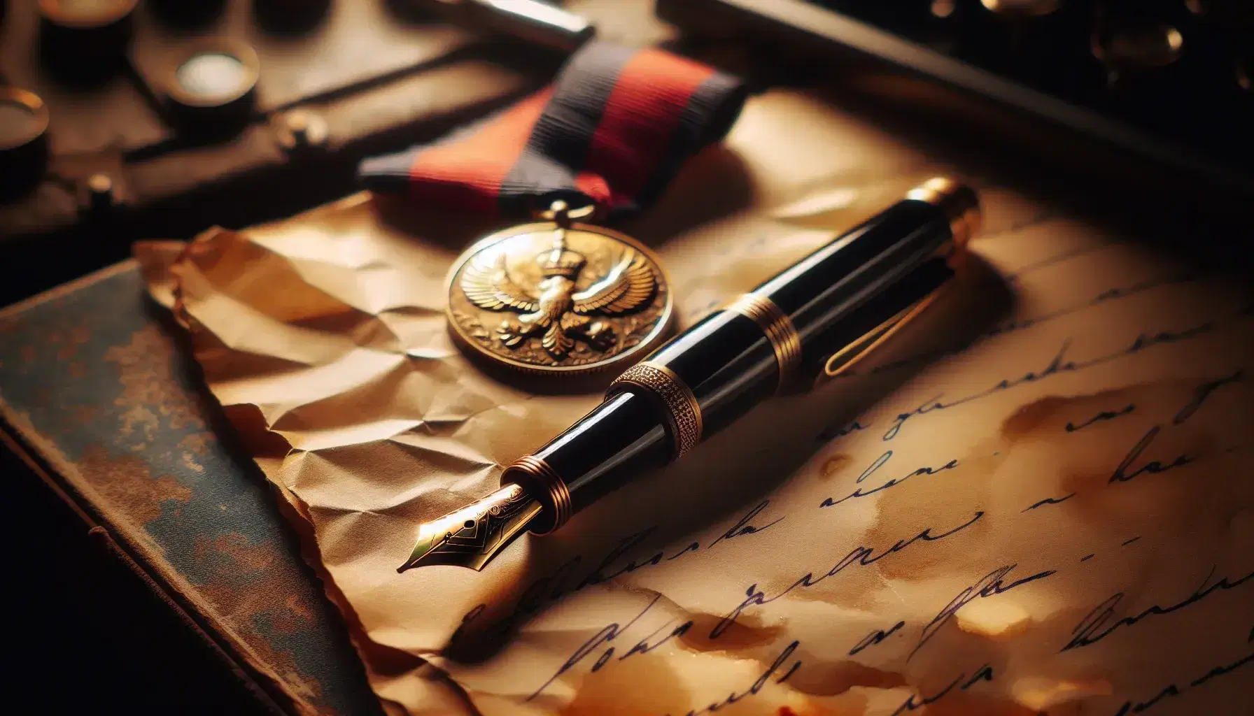 Primo piano di una penna stilografica vintage nera con dettagli dorati su carta ingiallita, sfondo sfocato con medaglia militare.